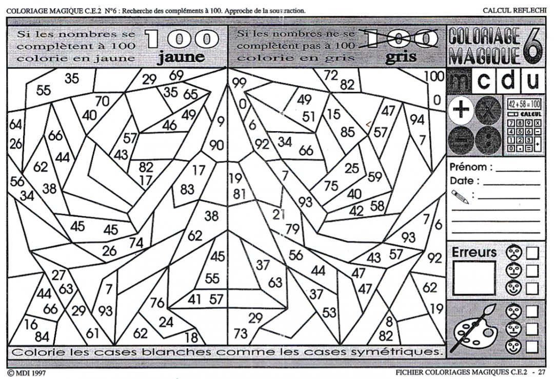 Coloriage Magique Compléments à 100 Travail des semaines passées | Blogue de continuité pédagogique